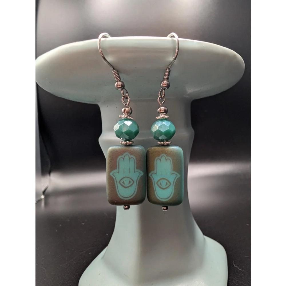 Iridescent Czech Glass Hamsa Dangle Earrings: Stainless Steel Hooks